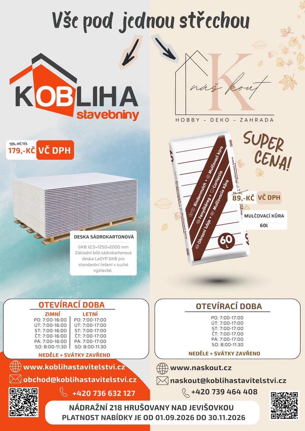 Reklamní leták pro stavebniny Kobliha a Naskout s cenami, otevírací dobou a produkty.