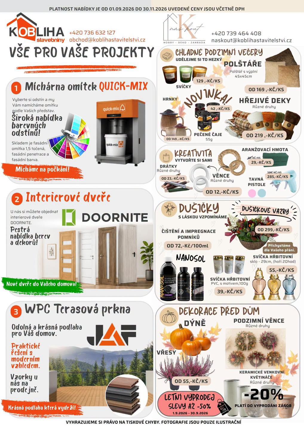Reklamní leták stavebnin s nabídkou míchárny, dveří, terasových prken a podzimních dekorací.